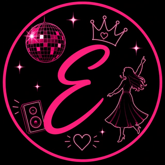 Energy with Ethel E monogram with a disco ball, crown, speaker, heart and a dancing girl
