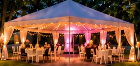 A 20 by 20 tent with draped poles, string lights and round tables set for dinner
